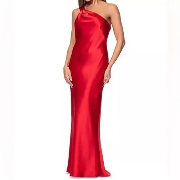 AQUA FORMAL Satin One Shoulder Gown Red Women’s Sz 12 - Picture 3 of 9